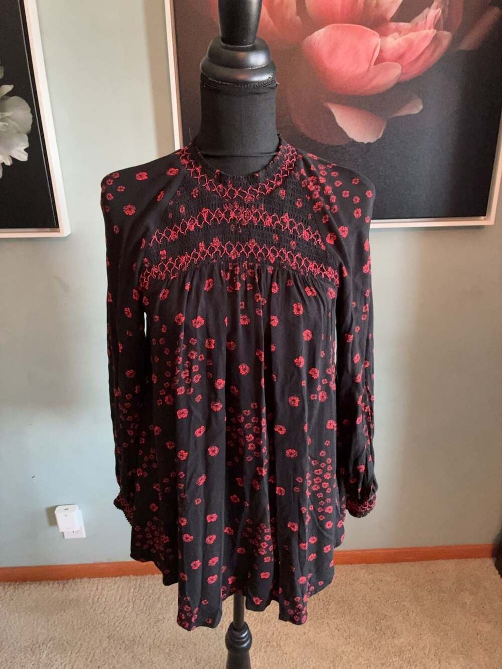 Free People Floral Smocked Long Sleeve Blouse Black Red Sz XS A475